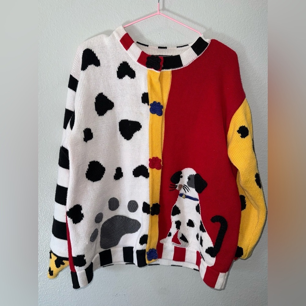 Vintage 90s Generra Dalmatian Dog Colorblock Chunky Knit Cardigan Sweater L - Picture 5 of 9